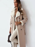 Women's Long Double-Breasted Faux Shearling Collar Coat – Belted Teddy Lined Winter Coat