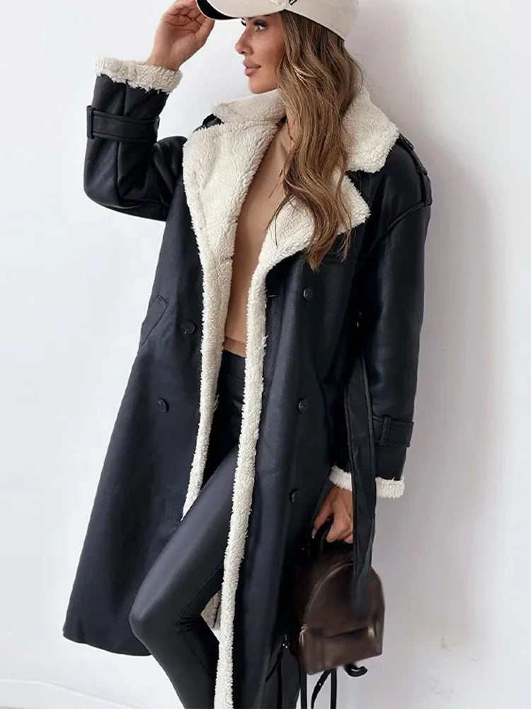 Women's Long Double-Breasted Faux Shearling Collar Coat – Belted Teddy Lined Winter Coat