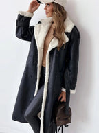 Women's Long Double-Breasted Faux Shearling Collar Coat – Belted Teddy Lined Winter Coat