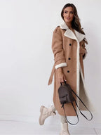 Women's Long Double-Breasted Faux Shearling Collar Coat – Belted Teddy Lined Winter Coat