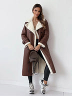Women's Long Double-Breasted Faux Shearling Collar Coat – Belted Teddy Lined Winter Coat