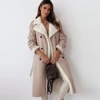 Women's Long Double-Breasted Faux Shearling Collar Coat – Belted Teddy Lined Winter Coat