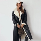 Women's Long Double-Breasted Faux Shearling Collar Coat – Belted Teddy Lined Winter Coat