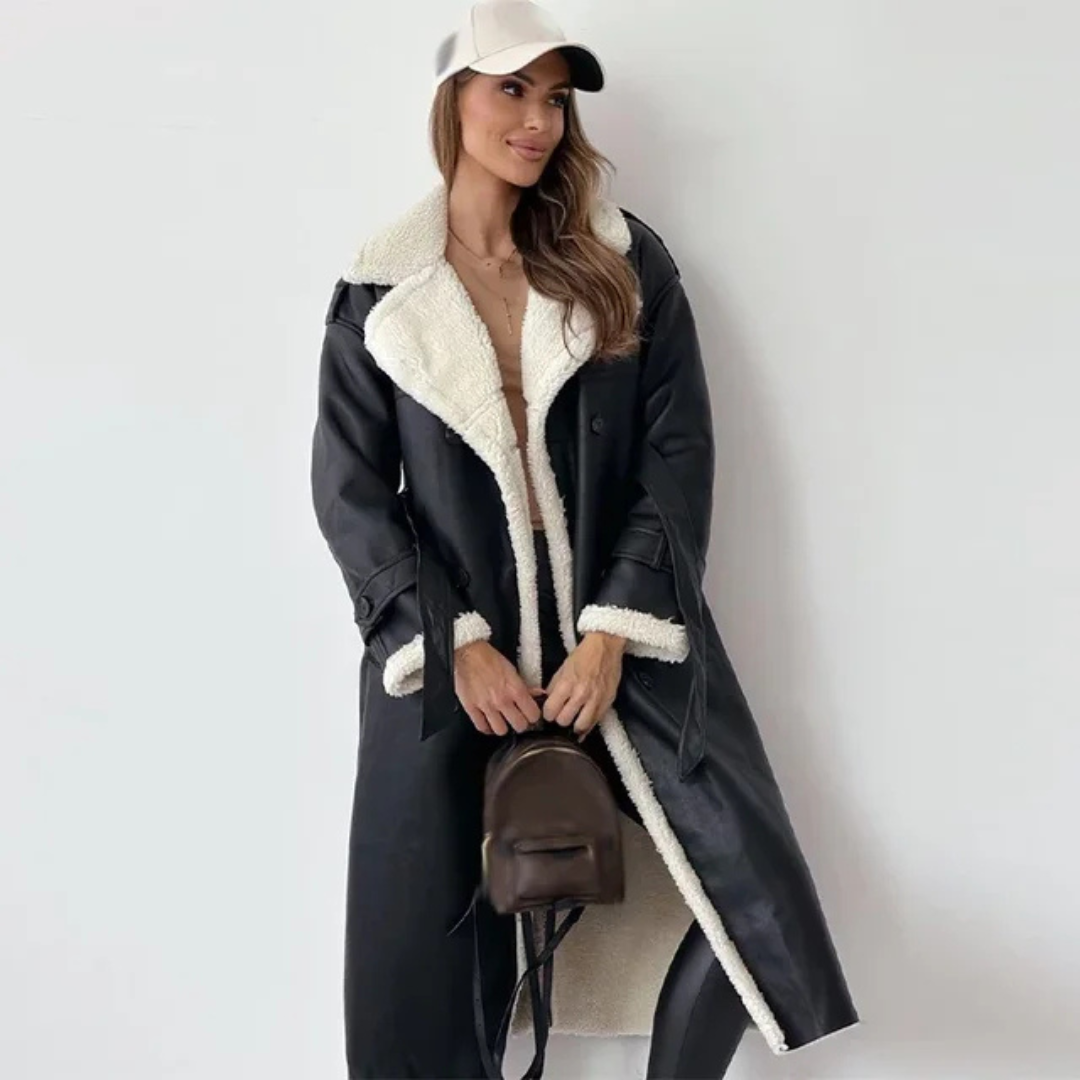 Women's Long Double-Breasted Faux Shearling Collar Coat – Belted Teddy Lined Winter Coat