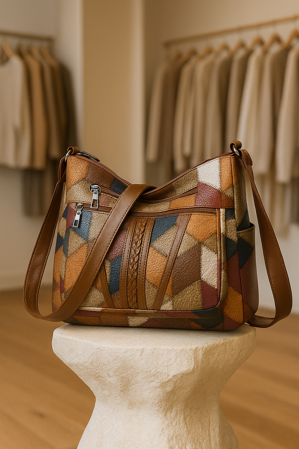 Mehrfarbige Patchwork-Umhängetasche für Damen – Geometrische Crossbody-Hobo-Tasche