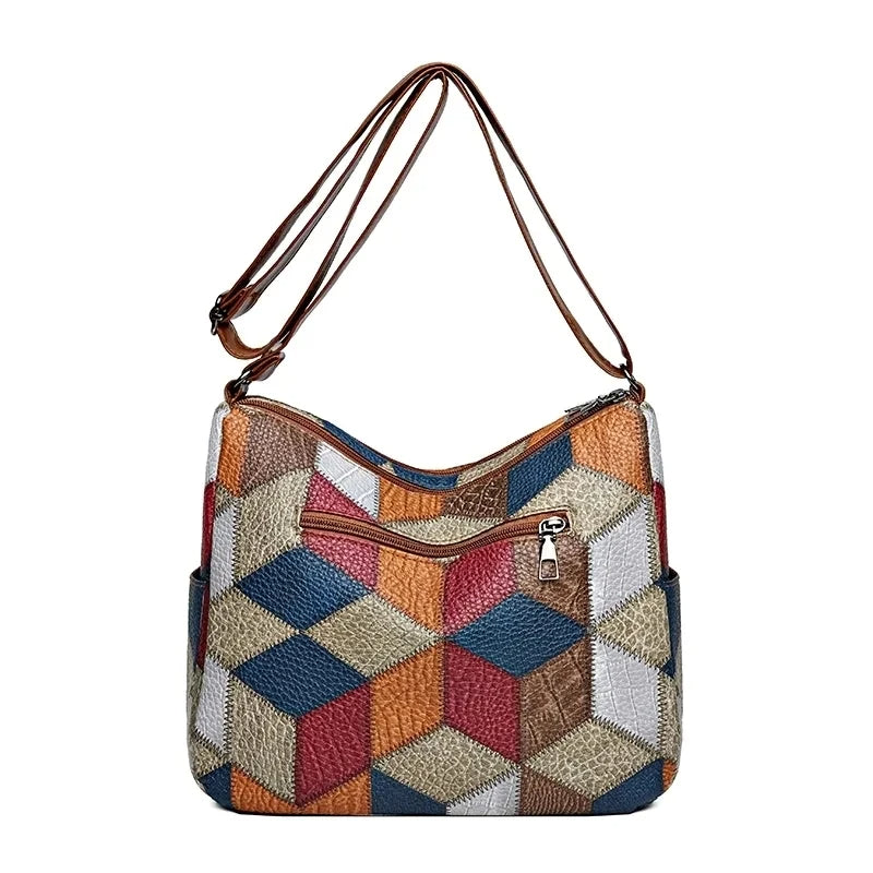 Mehrfarbige Patchwork-Umhängetasche für Damen – Geometrische Crossbody-Hobo-Tasche