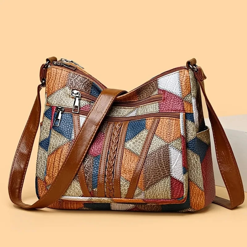 Mehrfarbige Patchwork-Umhängetasche für Damen – Geometrische Crossbody-Hobo-Tasche