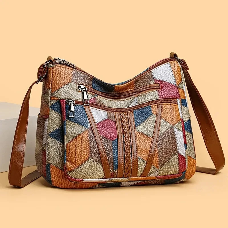 Mehrfarbige Patchwork-Umhängetasche für Damen – Geometrische Crossbody-Hobo-Tasche
