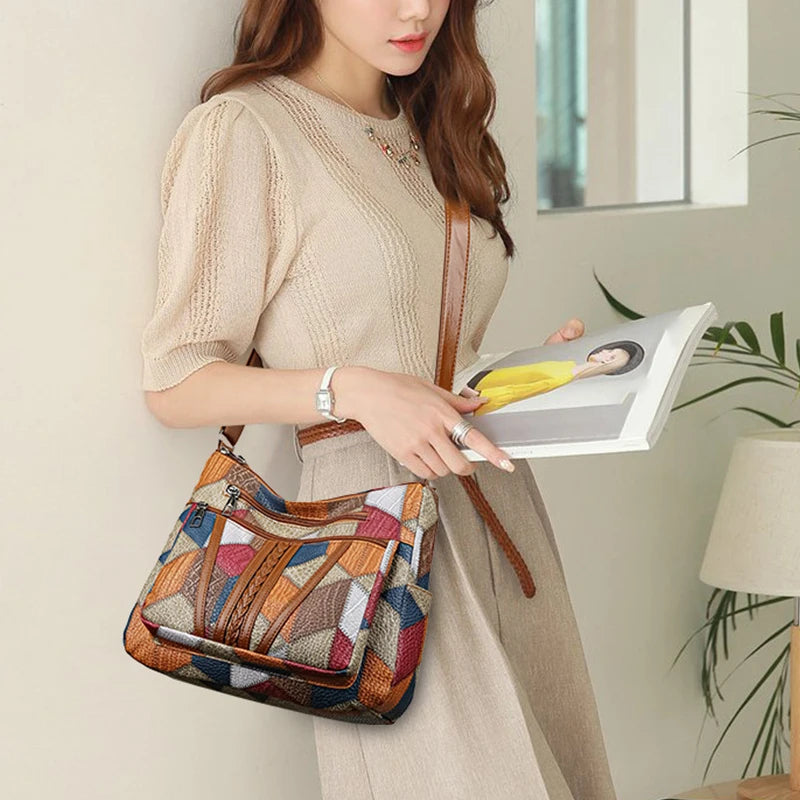 Mehrfarbige Patchwork-Umhängetasche für Damen – Geometrische Crossbody-Hobo-Tasche