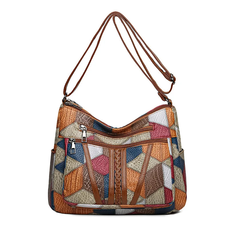Mehrfarbige Patchwork-Umhängetasche für Damen – Geometrische Crossbody-Hobo-Tasche