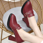 Women's orthopedic loafer-style platform block-heel pumps with buckle