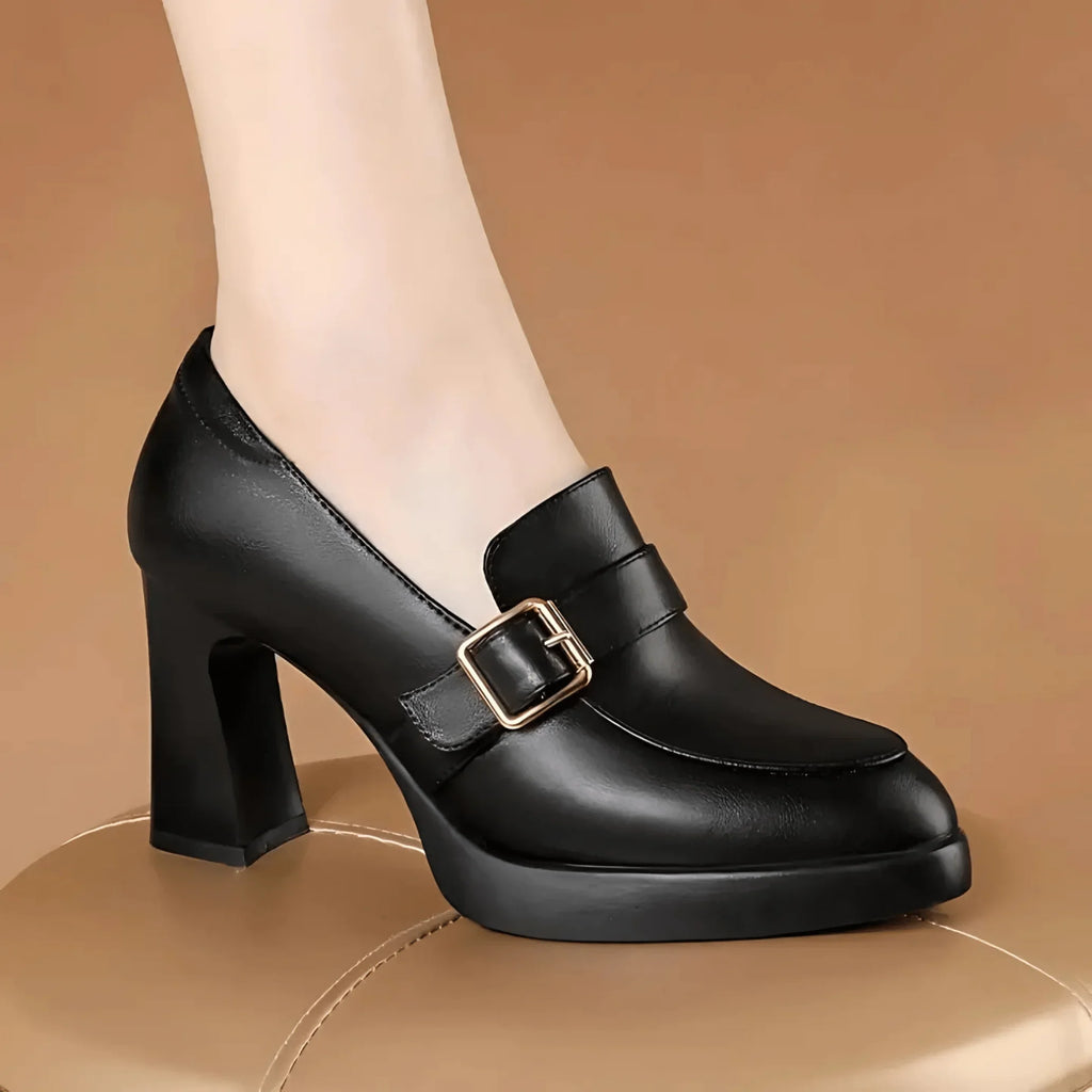 Women's orthopedic loafer-style platform block-heel pumps with buckle