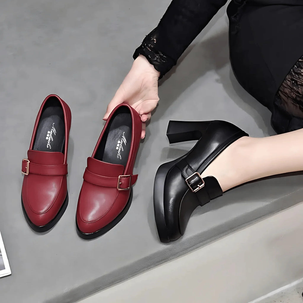 Women's orthopedic loafer-style platform block-heel pumps with buckle