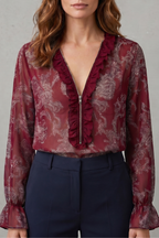 Women's Paisley Print Blouse – Deep V Neck Ruffle Trim Sheer Sleeve Blouse