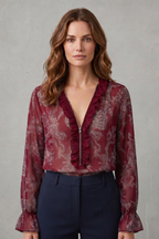 Women's Paisley Print Blouse – Deep V Neck Ruffle Trim Sheer Sleeve Blouse
