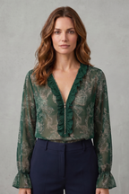 Women's Paisley Print Blouse – Deep V Neck Ruffle Trim Sheer Sleeve Blouse