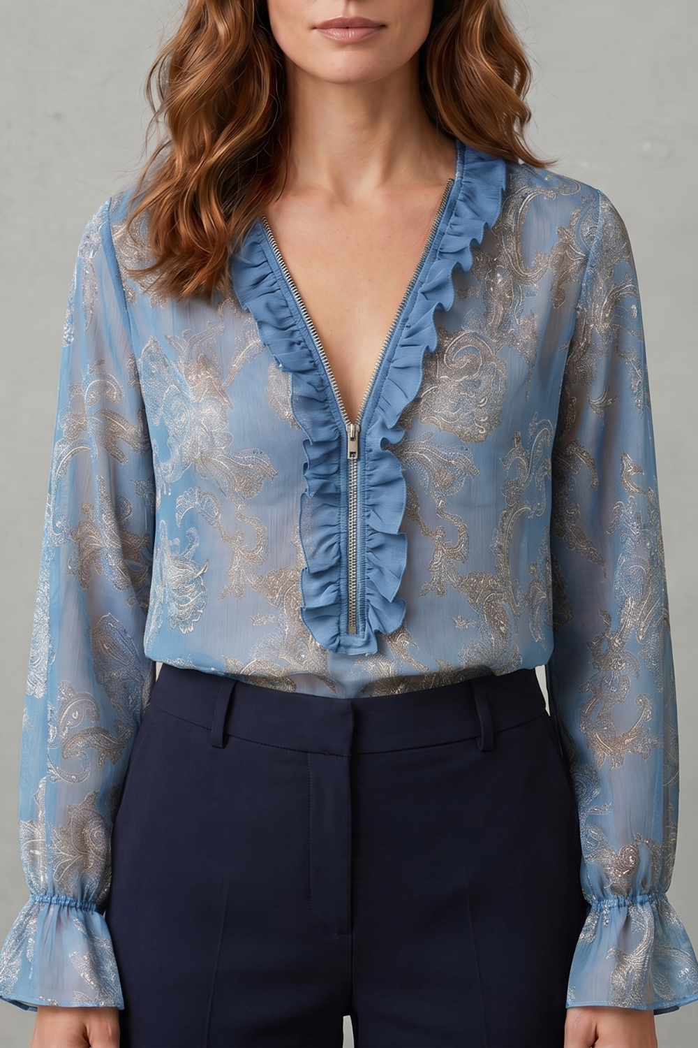 Women's Paisley Print Blouse – Deep V Neck Ruffle Trim Sheer Sleeve Blouse