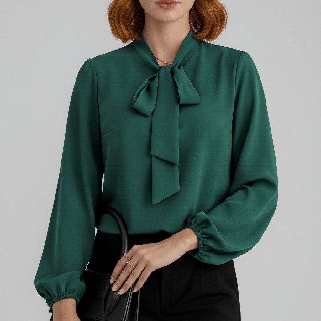 Women's Relaxed-Fit Bow-Tie Neck Long-Sleeve Blouse