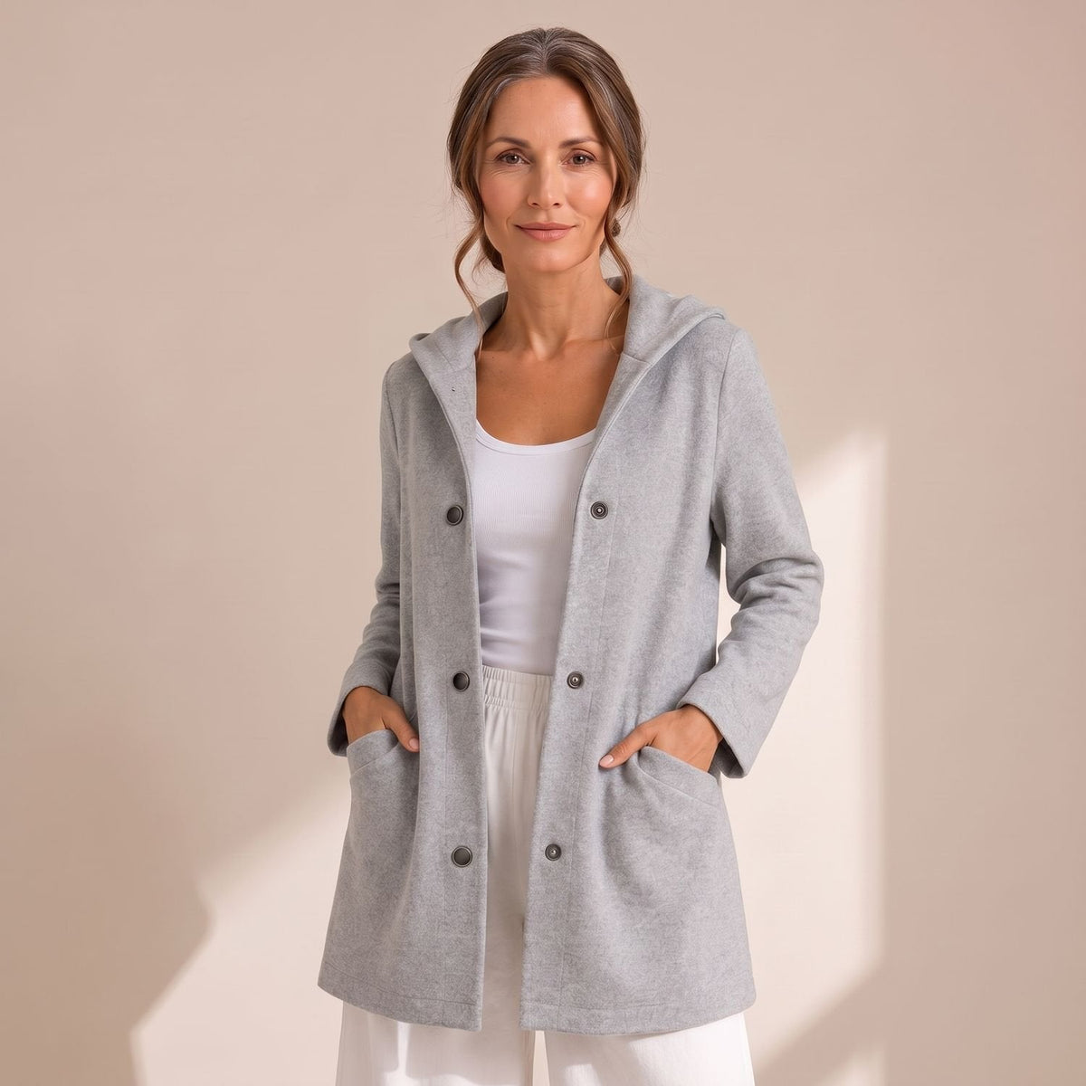 Damen-Cardigan mit Kapuze, Knopfleiste und lockerer Passform
