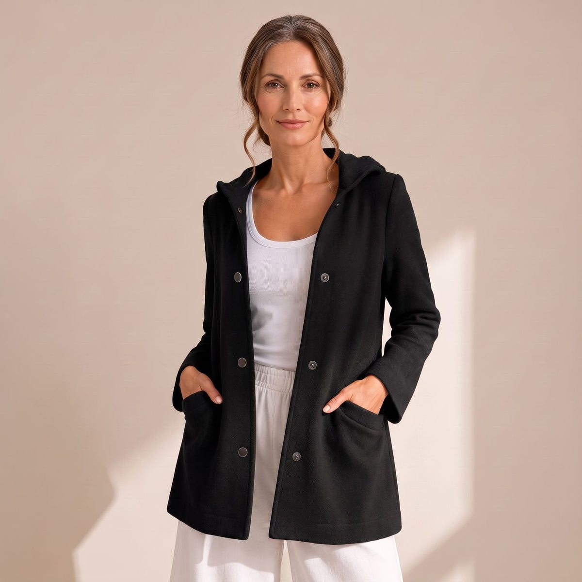 Damen-Cardigan mit Kapuze, Knopfleiste und lockerer Passform