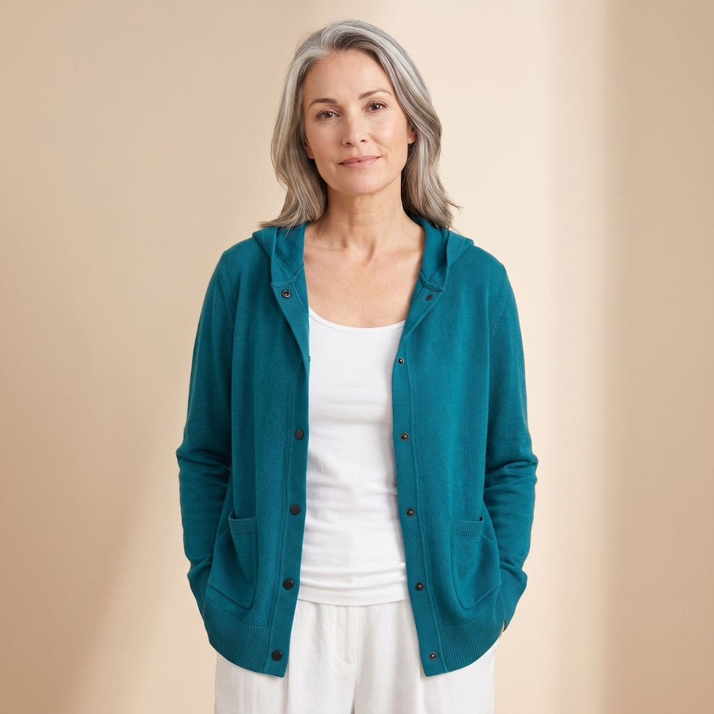 Damen-Cardigan mit Kapuze, Knopfleiste und lockerer Passform