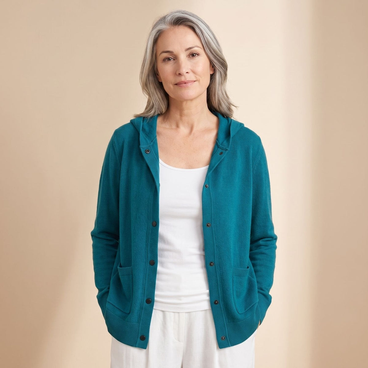 Damen-Cardigan mit Kapuze, Knopfleiste und lockerer Passform