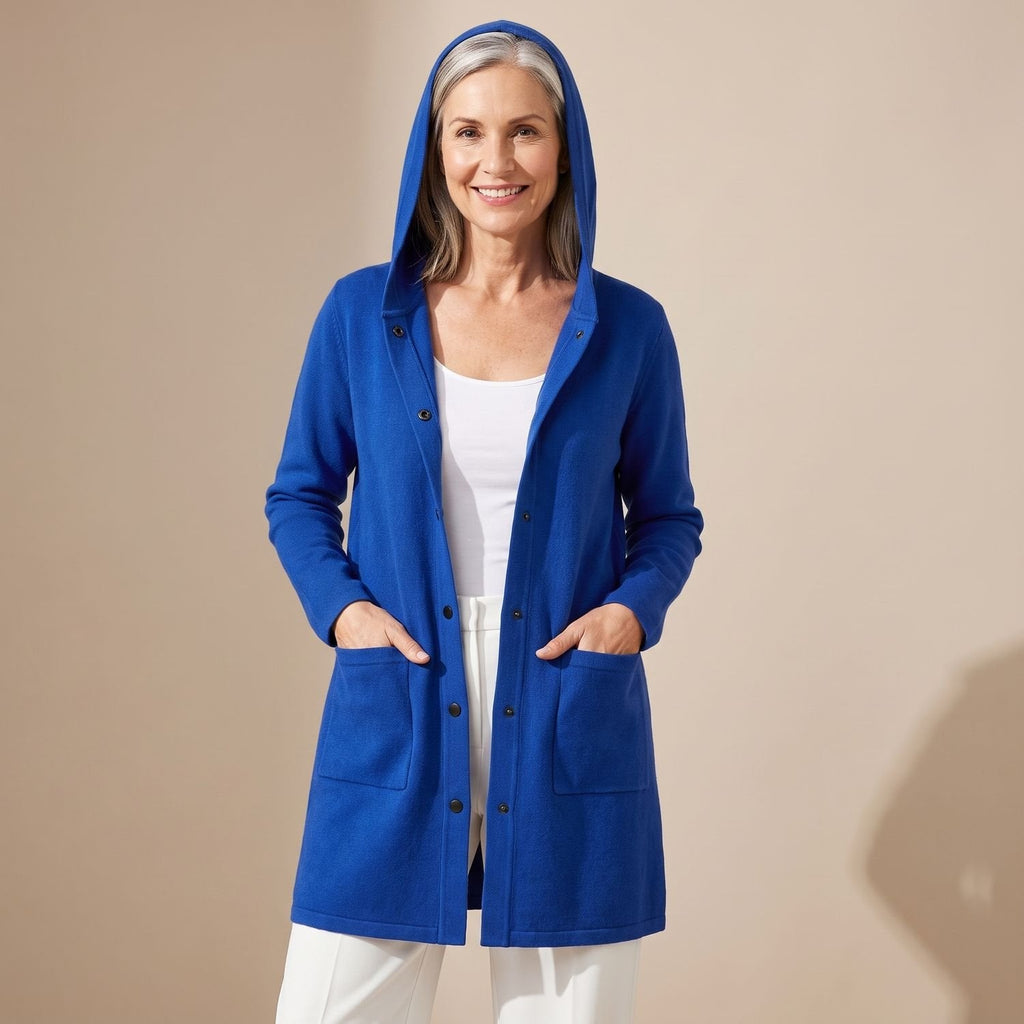 Damen-Cardigan mit Kapuze, Knopfleiste und lockerer Passform