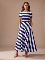 Gestreiftes Maxi-Kleid mit kurzem Arm und U-Boot-Ausschnitt für Damen