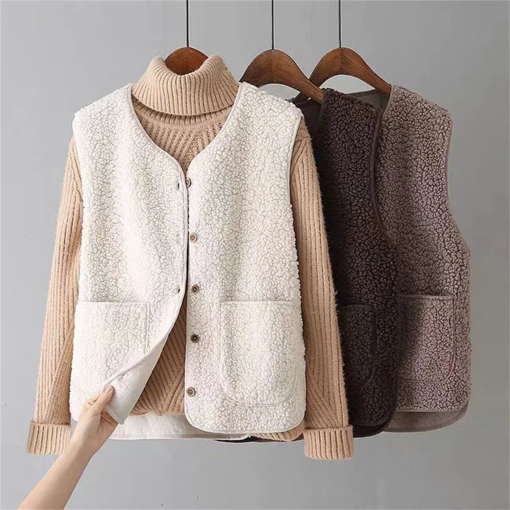 Women's Teddy Fleece Gilet with Patch Pockets – Sleeveless Popper Front Borg Waistcoat