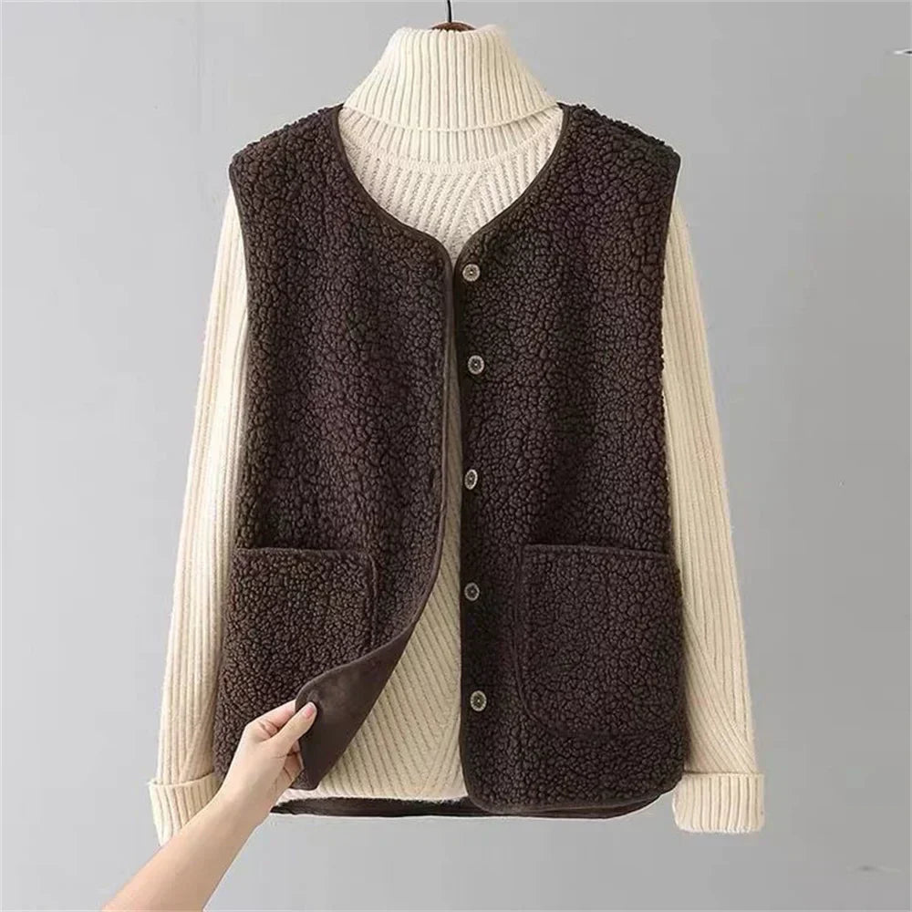 Women's Teddy Fleece Gilet with Patch Pockets – Sleeveless Popper Front Borg Waistcoat