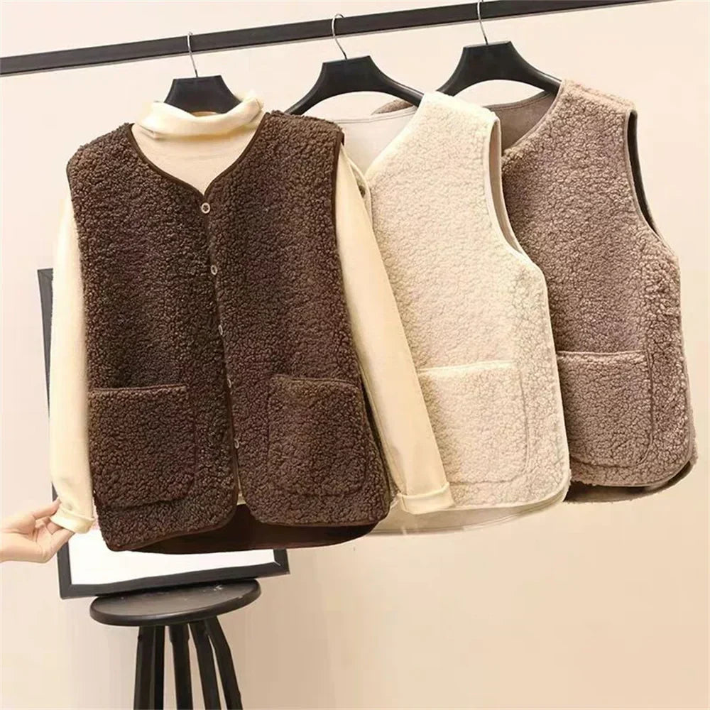 Women's Teddy Fleece Gilet with Patch Pockets – Sleeveless Popper Front Borg Waistcoat
