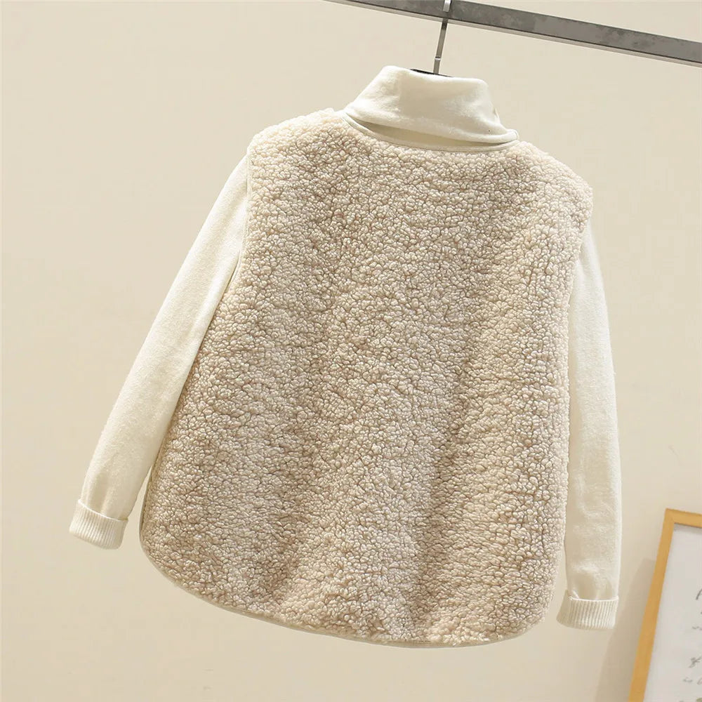 Women's Teddy Fleece Gilet with Patch Pockets – Sleeveless Popper Front Borg Waistcoat