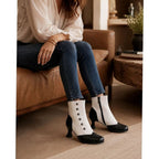 Zweifarbige Vintage-Stiefeletten mit Knopfleiste und Spool-Absatz für Damen