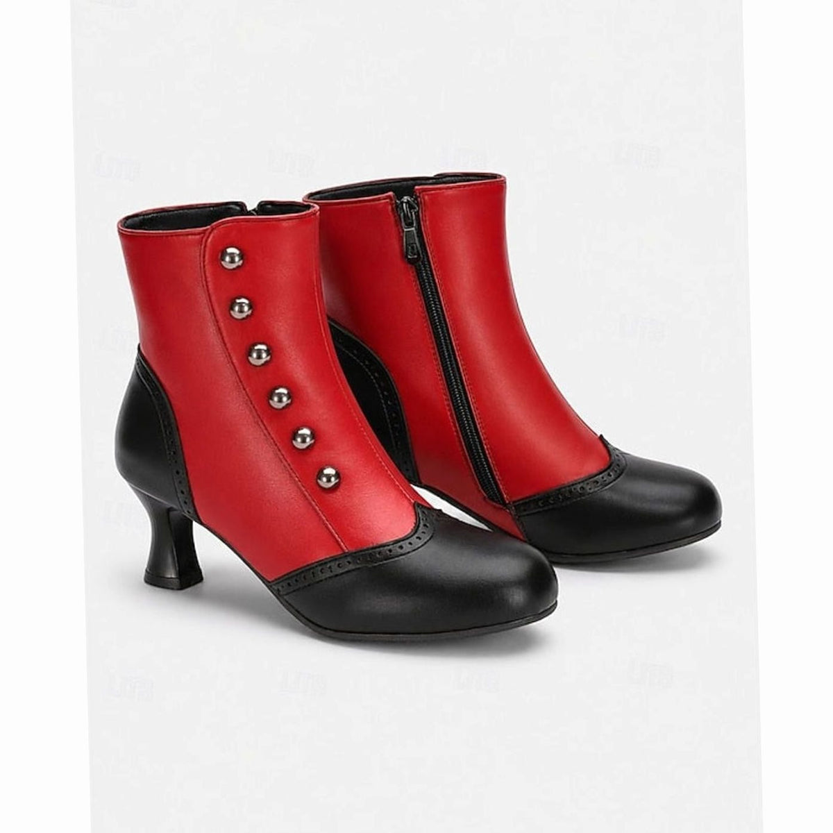 Zweifarbige Vintage-Stiefeletten mit Knopfleiste und Spool-Absatz für Damen