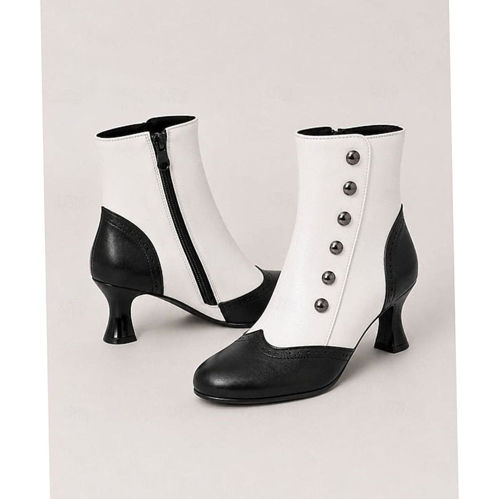 Zweifarbige Vintage-Stiefeletten mit Knopfleiste und Spool-Absatz für Damen