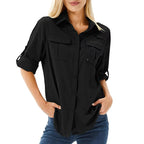 Women's UPF 50 long roll-up sleeve hiking safari shirt with zip pockets