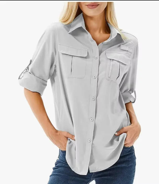 Women's UPF 50 long roll-up sleeve hiking safari shirt with zip pockets