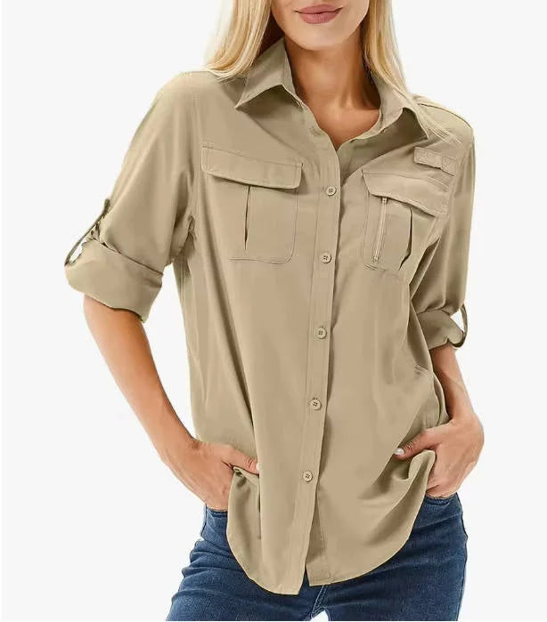 Women's UPF 50 long roll-up sleeve hiking safari shirt with zip pockets
