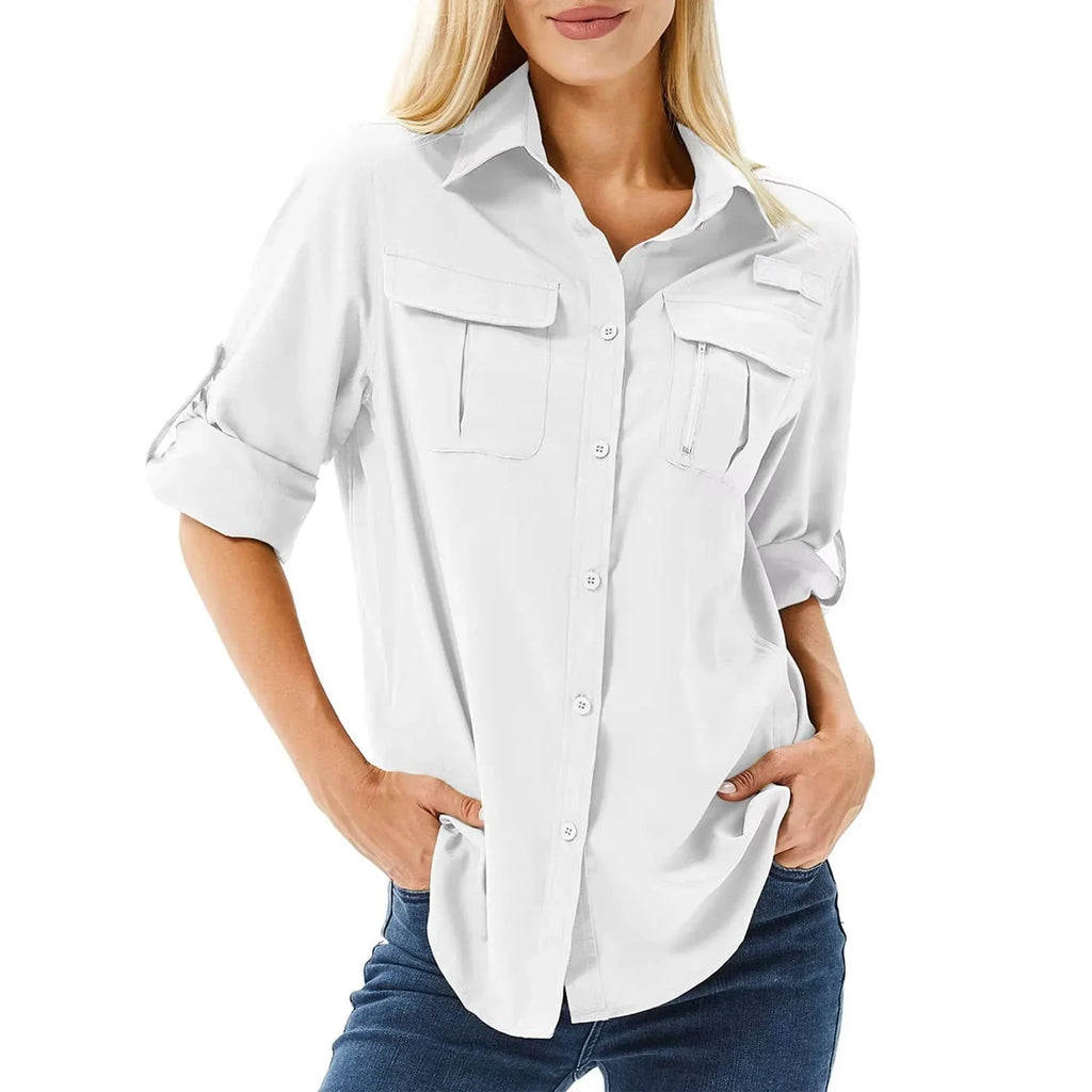 Women's UPF 50 long roll-up sleeve hiking safari shirt with zip pockets